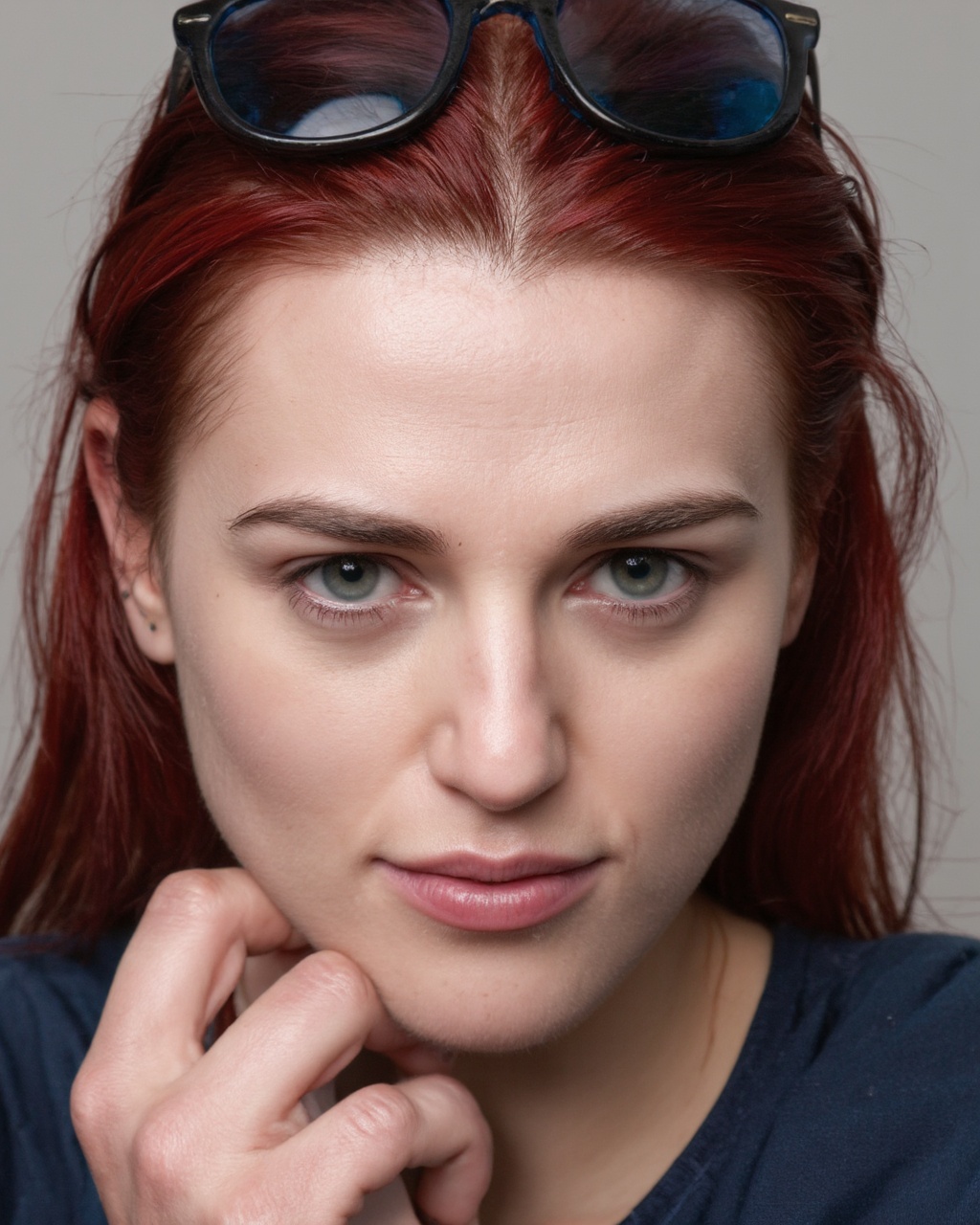 A portrait of katie_mcgrath with striking red hair and freckles. She wears a pair of blue-tinted sunglasses resting on her...