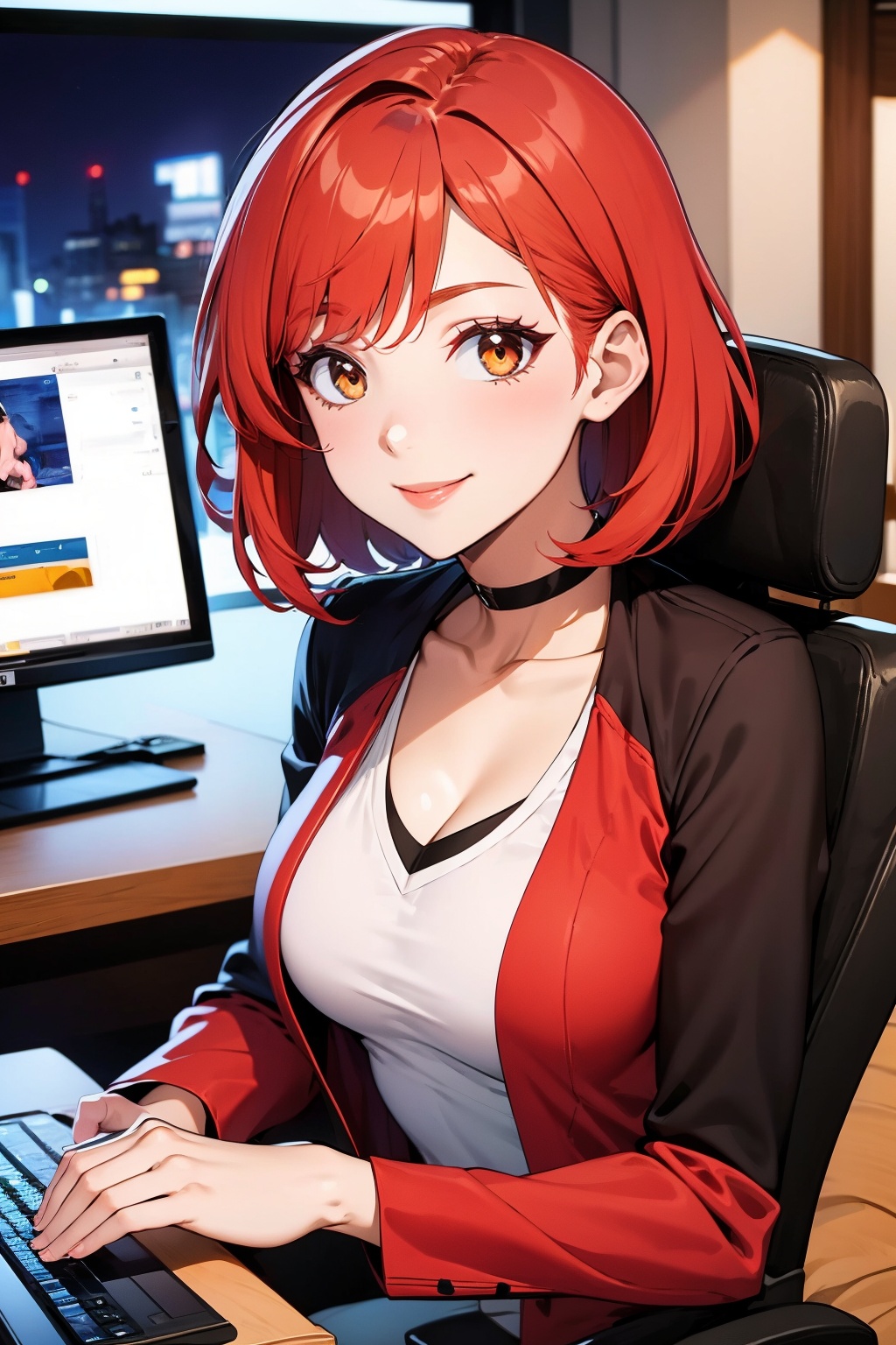1girl, solo, red hair, sitting, looking at viewer, breasts, smile, medium hair, computer