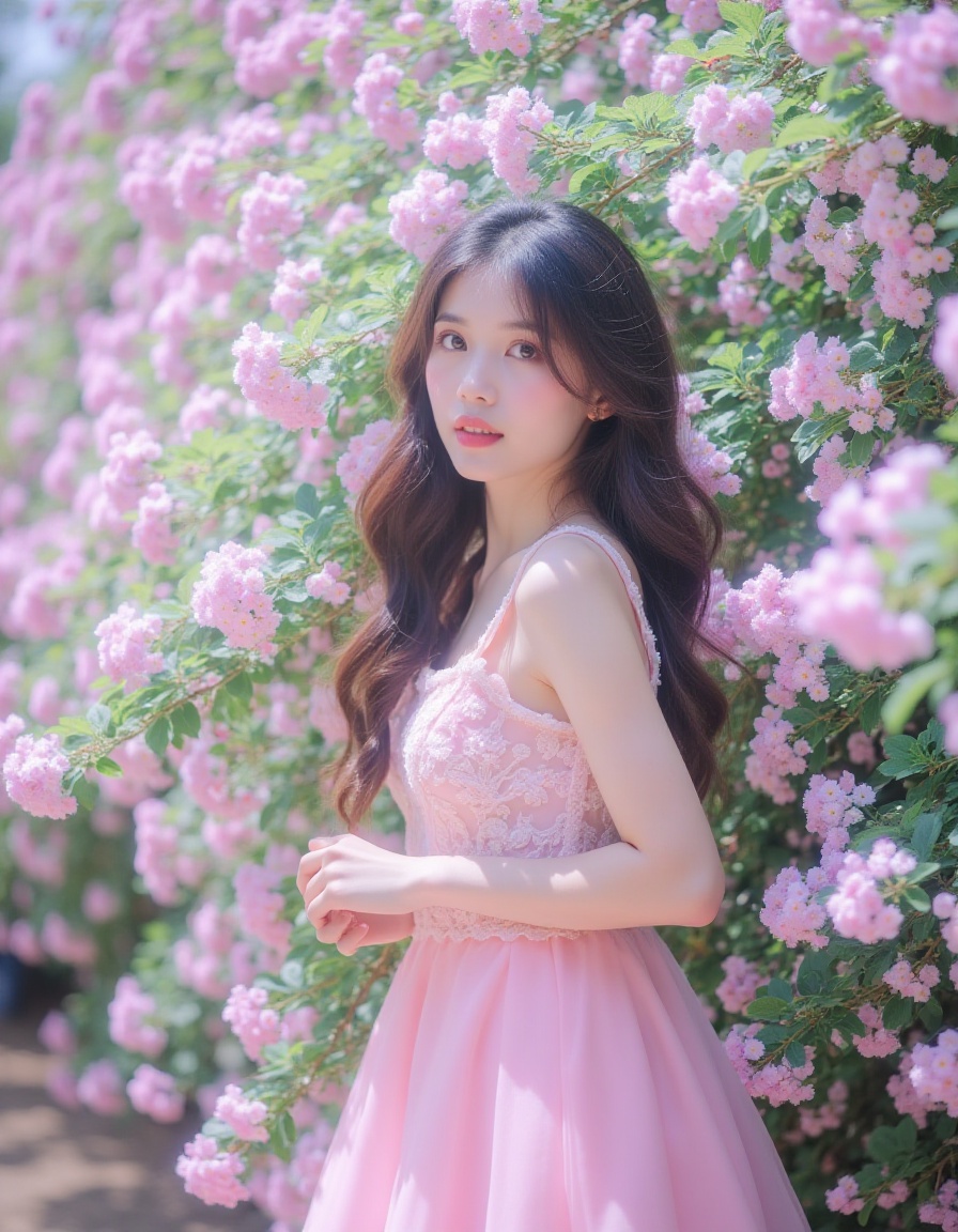 <lora:huajishaonv:1>,huaji,At eye level,a woman wearing a pink dress stands in front of a tree full of pale pink flowers. Her hair is long and curly,and the background camera has a blurred effect,