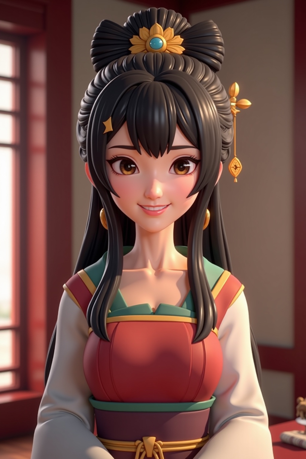 3D style,A girl with long black hair and black eyes is smiling in the room wearing Chinese clothes,