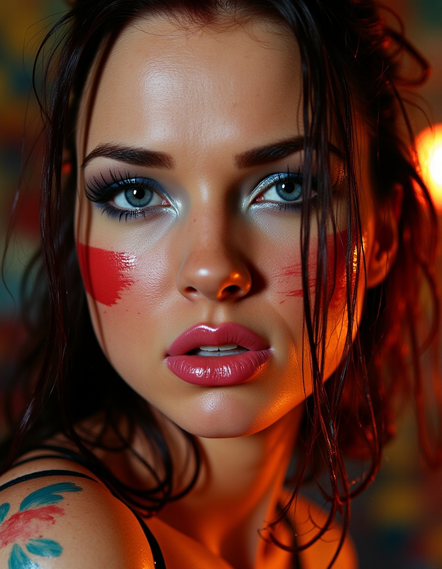 A hyperrealistic close-up portrait of a woman staring directly into the camera,  half of her face covered in vivid brushst...
