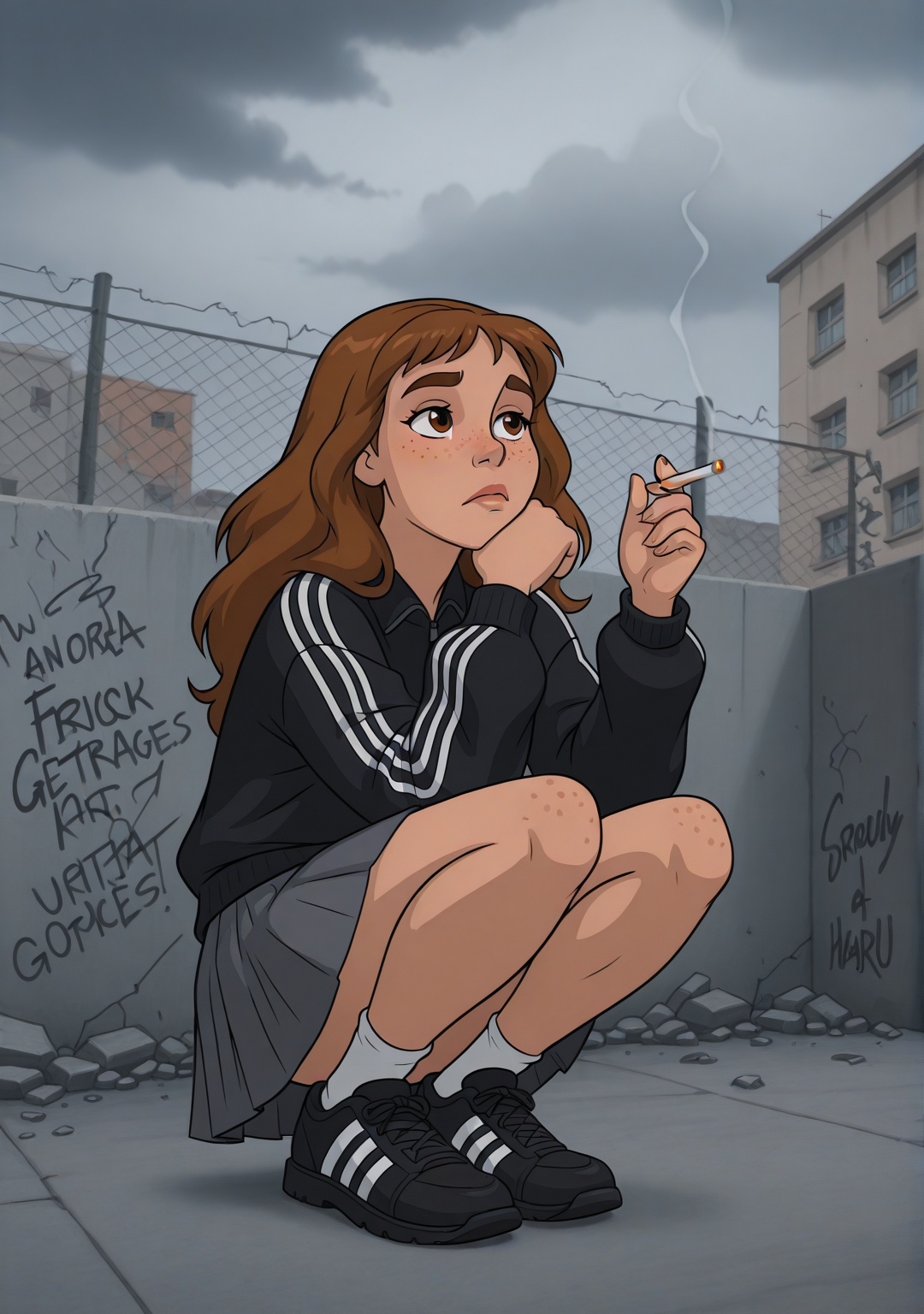 Hermione Granger a young British girl with thick,  wavy brown hair and intelligent hazel eyes,  wearing a black Adidas tra...