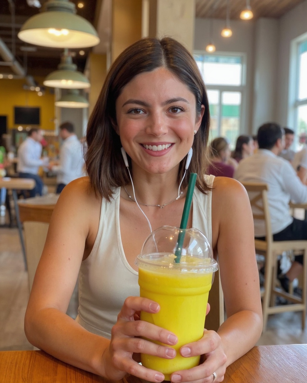 A vibrant photograph capturing monica_barbaro seated at a wooden table in a lively,  indoor café. monica_barbaro,  with sh...