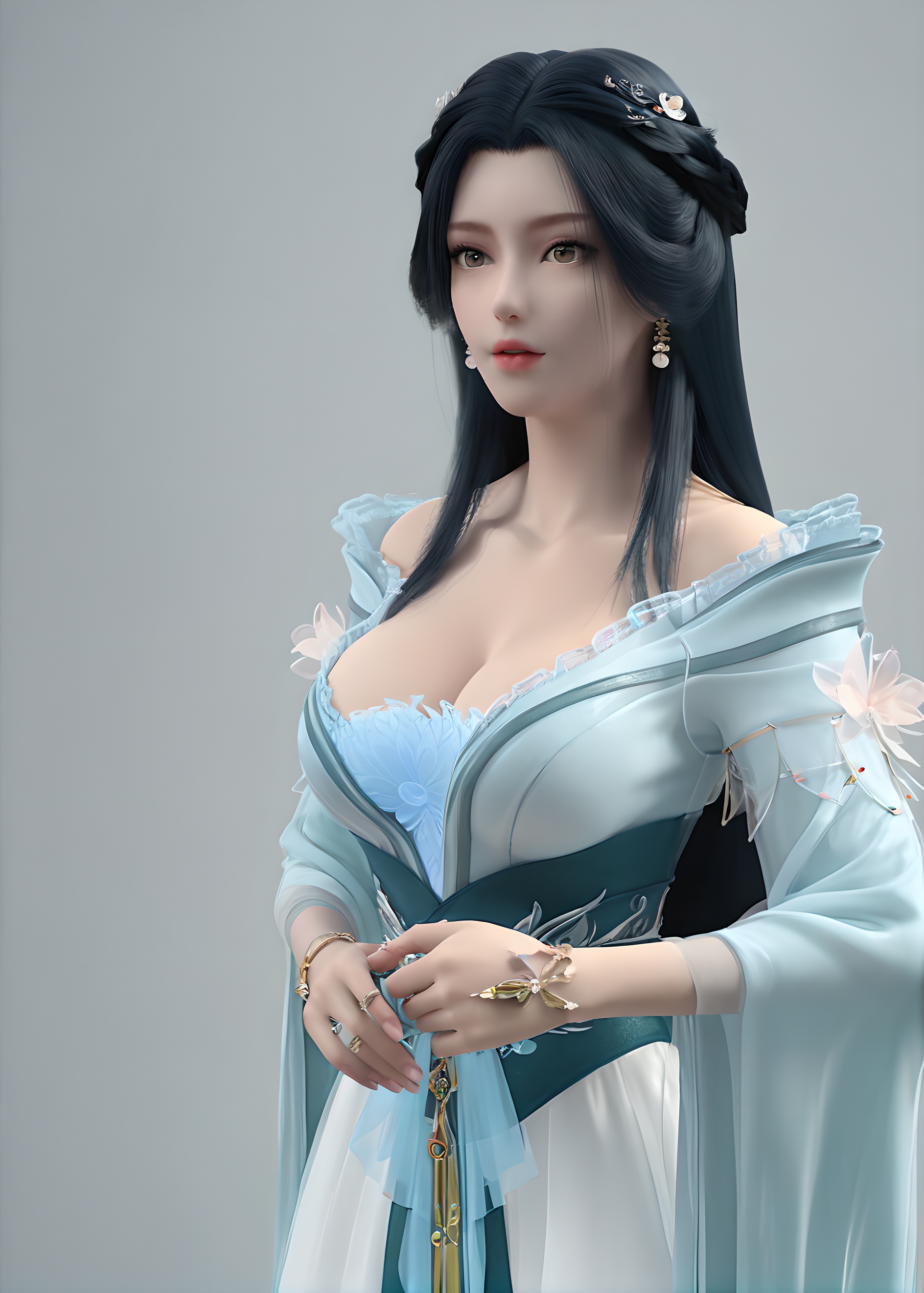 score_9,score_8_up,score_7_up,<lora:SF_JiangLi_Pony-000003:0.7>,incredibly absurdres,1girl,solo,standing,dress,breasts,large breasts,lips,jewelry,hair ornament,looking at viewer,white background,