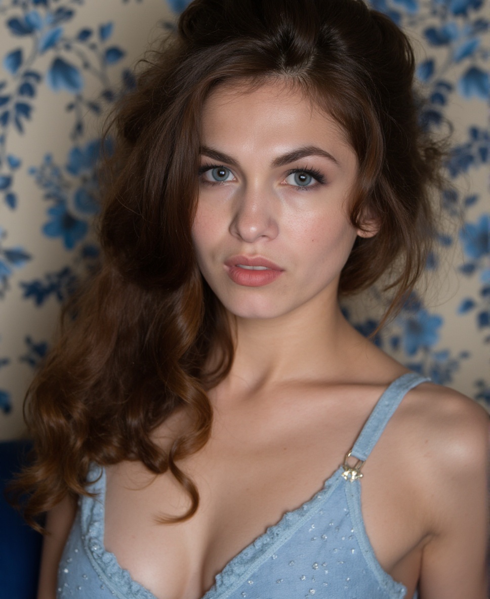 This is a high-resolution photograph of a young woman with a fair complexion and light skin tone. She has long,  wavy,  li...