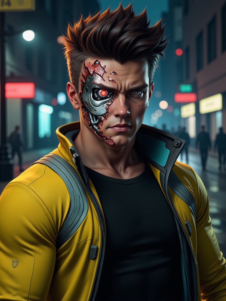 ((TerminatorBattleDamage)),  a muscular David Martinez young man (((with facial battle damage consisting of torn flesh and...
