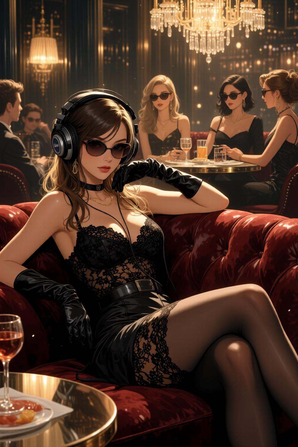 nijimix6q anime style illustration.A luxurious,  dimly lit lounge set in 1970s Italy,  exuding vintage charm and opulence....