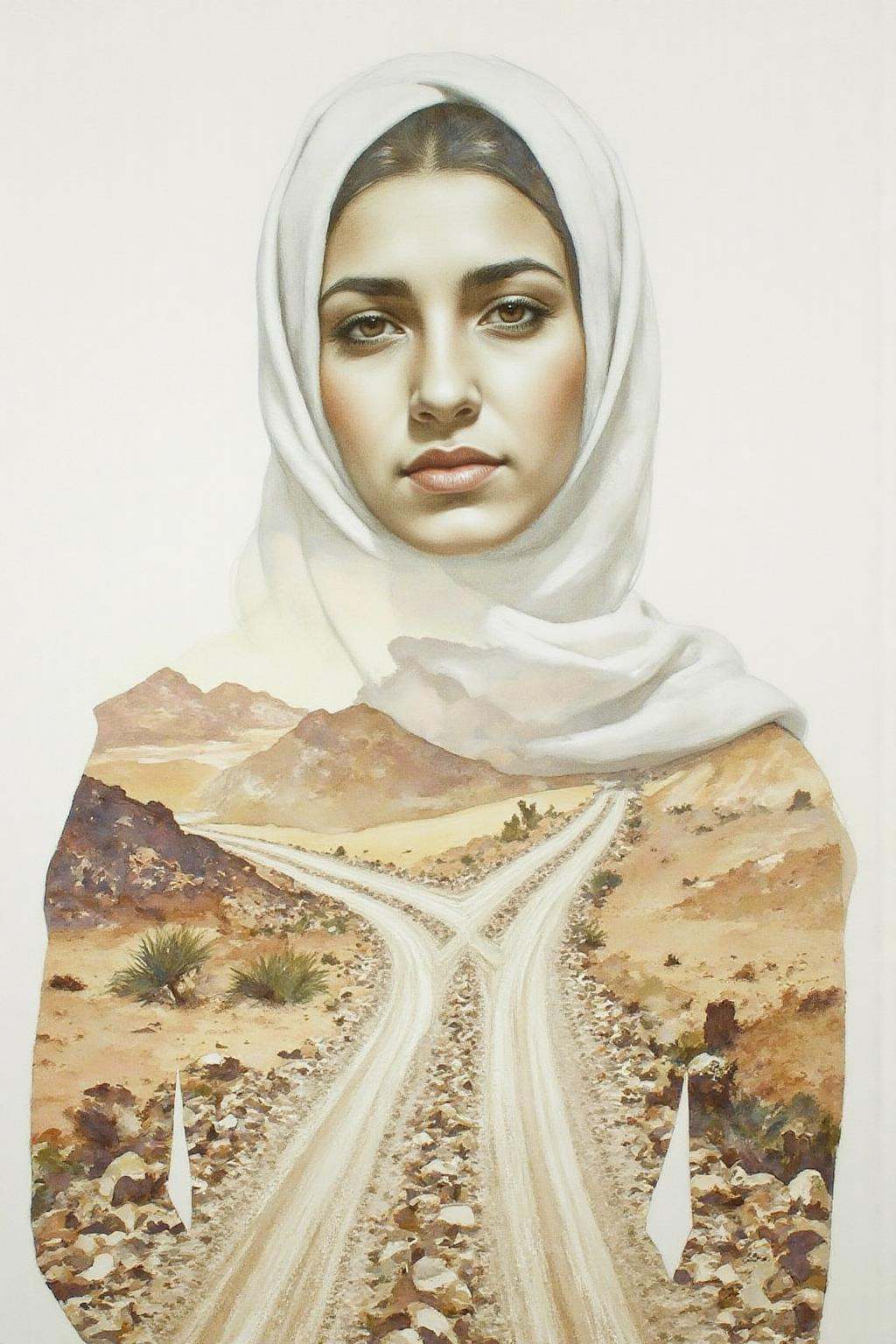 Portrait painting of an Arabic woman wearing a hajib. Her face and body blended seamlessly with desert crossroads on Tenso...