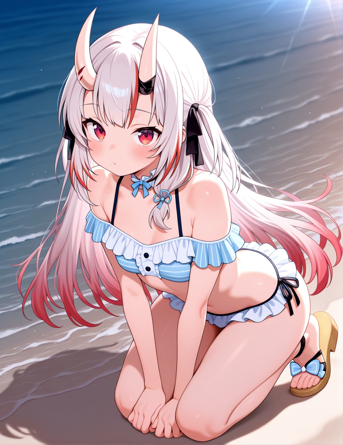 1girl,  beachswimsuit,  frilly bikini top with thin light blue stripes on a white base on Tensor.Art