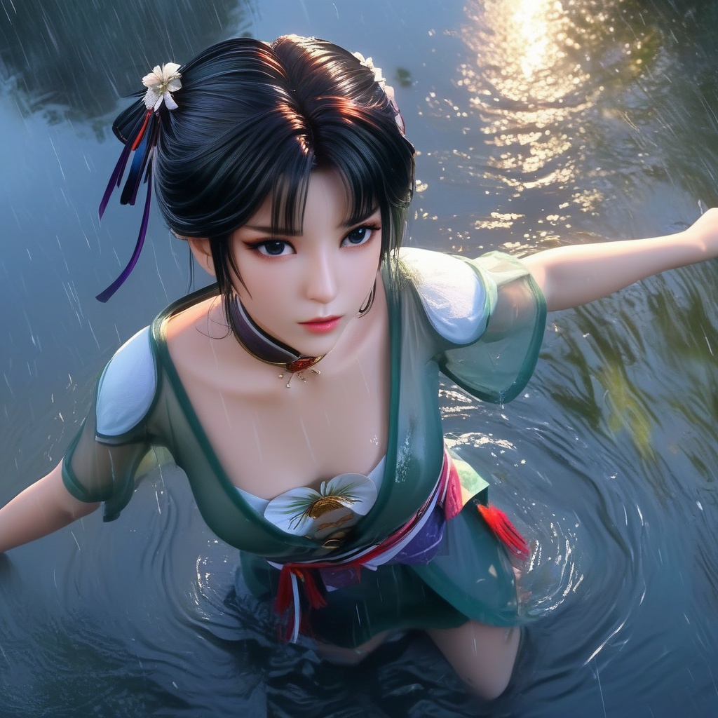 <lora:834-DA-XL-诛仙-碧瑶:0.8>, (,1girl, ,best quality, ),,  ,(Highest picture quality), (Master's work), , (ultra-detailed), the portrait is centered, 1girl, raiden shogun, nsfw, (wet clothes), blush, bare hips, (sheer shirt), (from above:1.7), (translucent dress), water drop, (rain), (outdoors), stained, wet hair, wet dress, wet, scenery, (long hair), nature background, close up, ((on back)), water,masterpiece, best quality, ultra high res, highly detailed, (abstract expressionism art:1.4), [girl | fire ghost:10], love,, dark rainbow theme, colorful, visually stunning, beautiful, gorgeous, emotional, intricate, perferct shading, rainbow hair,upper body,(cleavage),,