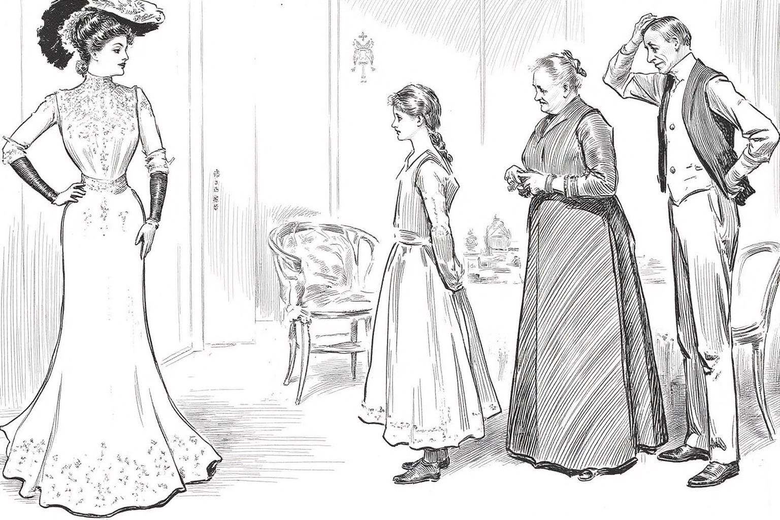 charlesdgibson1 illustration.An indoor setting with a Victorian-era aesthetic. On the left,  a tall,  elegant woman stands...