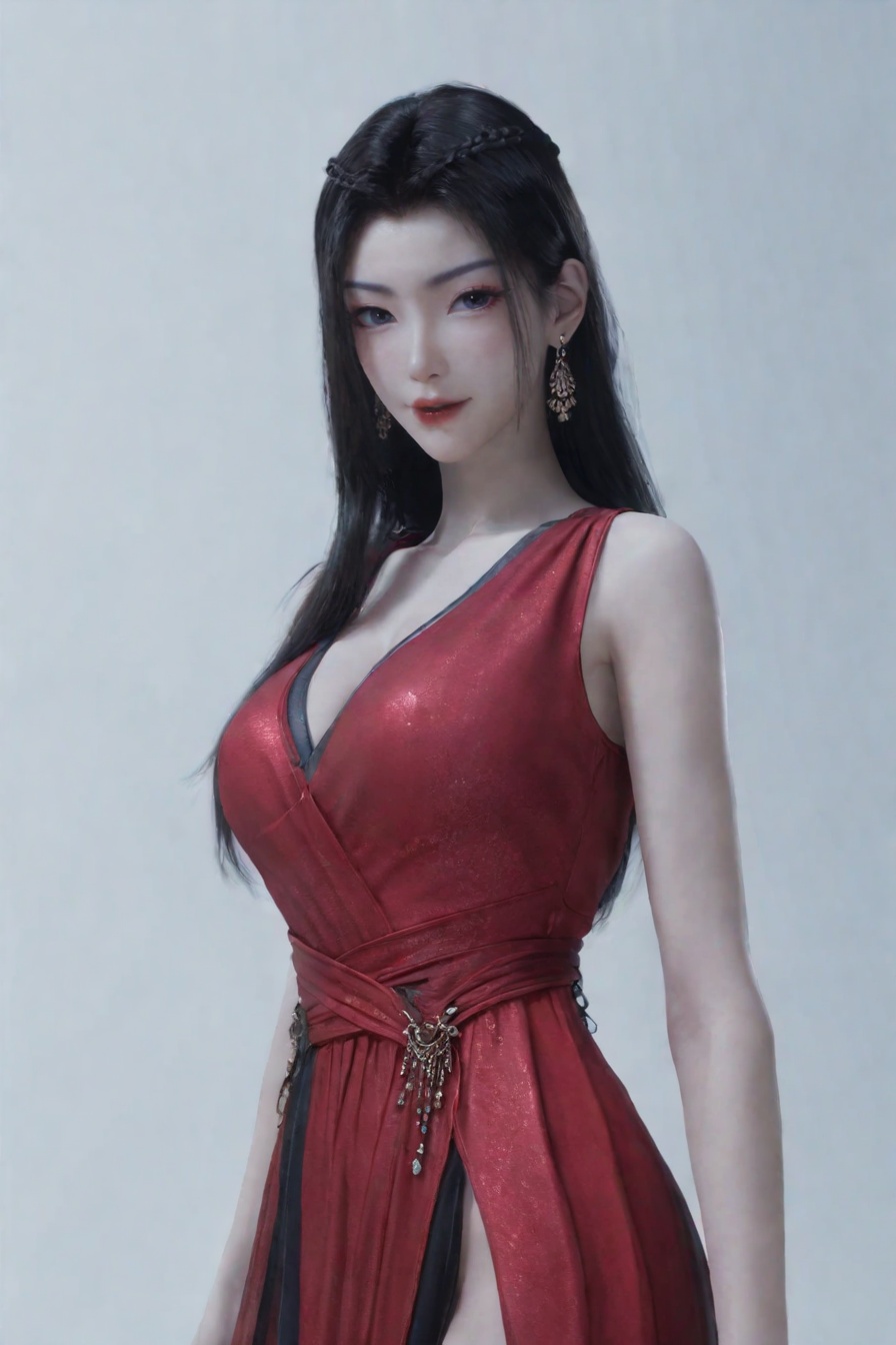 score_9,score_8_up,score_7_up,incredibly absurdres,<lora:SF_YuanYao_Pony-000004:0.7>,1girl,solo,red dress,large breasts,naughty_face,red lips,jewelry,earring,long hair,looking at viewer,white background,