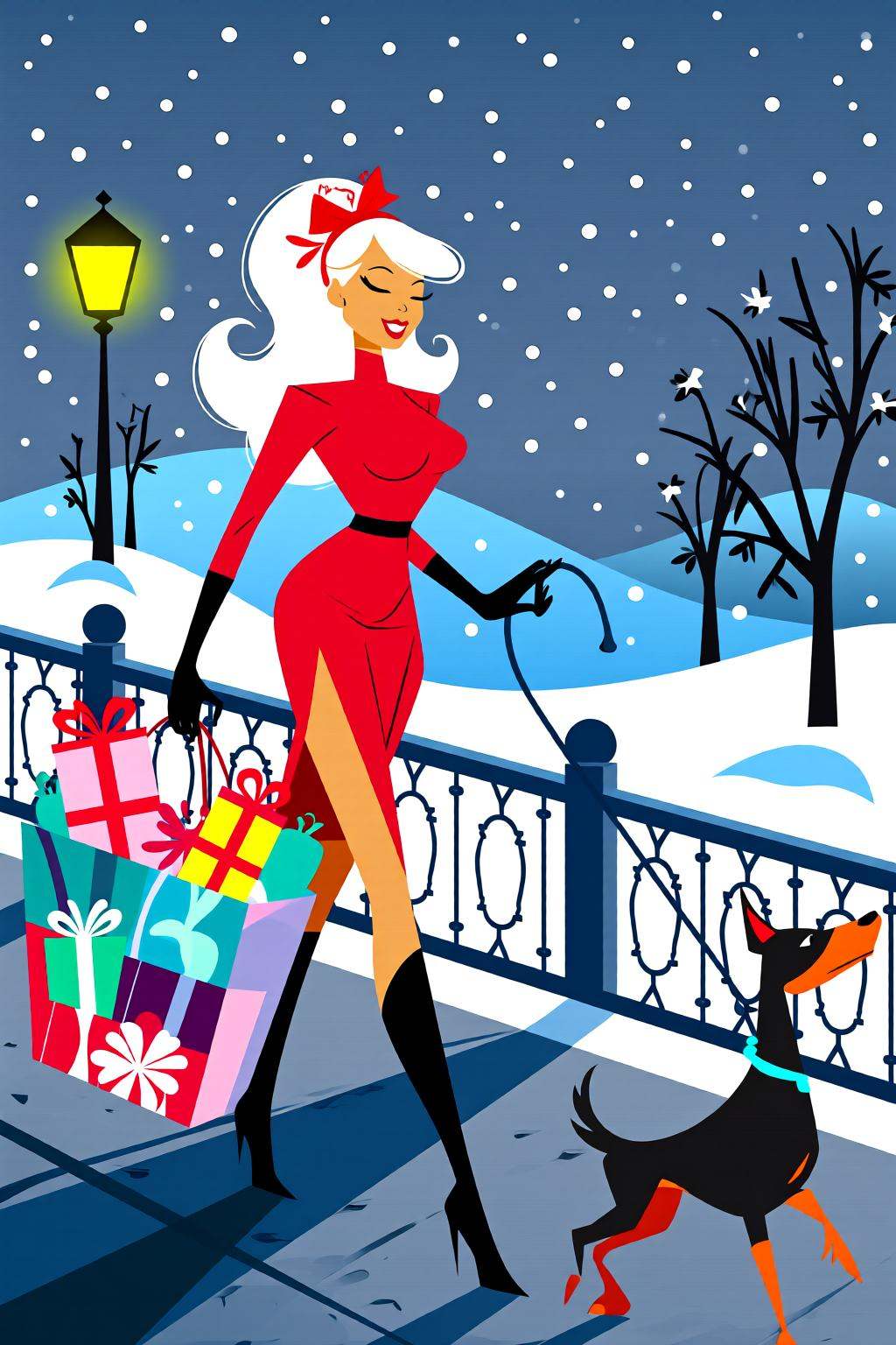 flatcolorvectorart2q illustration.A woman with long,  wavy white hair is wearing a red dress with a high slit and a red bo...
