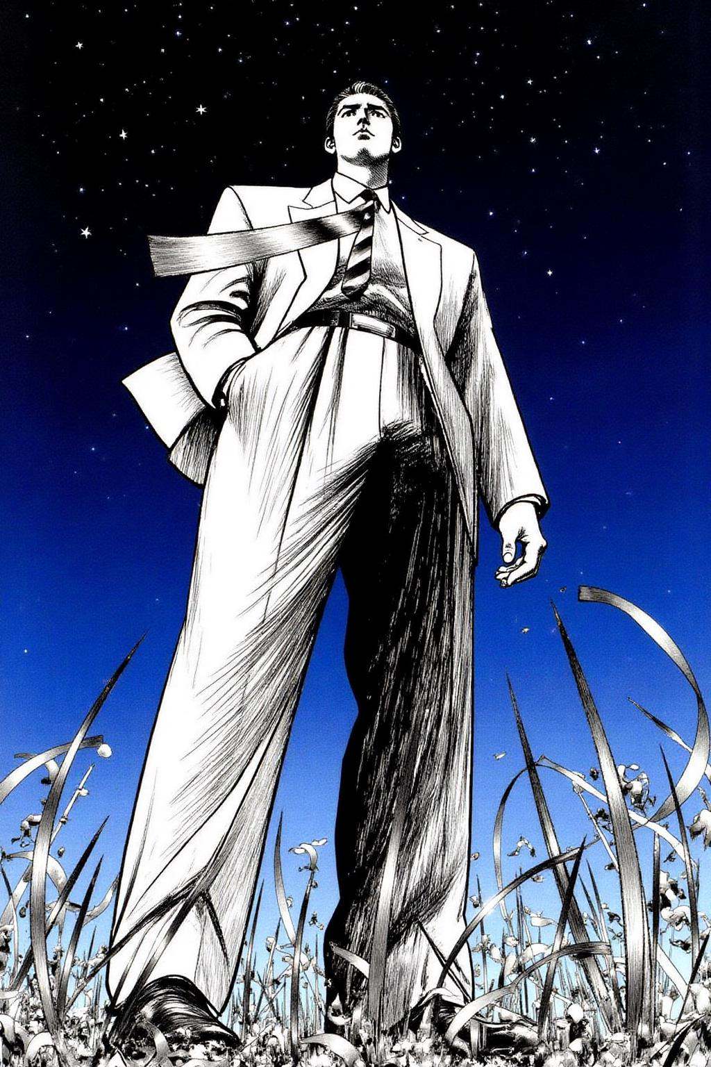 1keryo illustration.The image depicts a confident,  imposing figure of a man standing against a starry night sky. He is vi...
