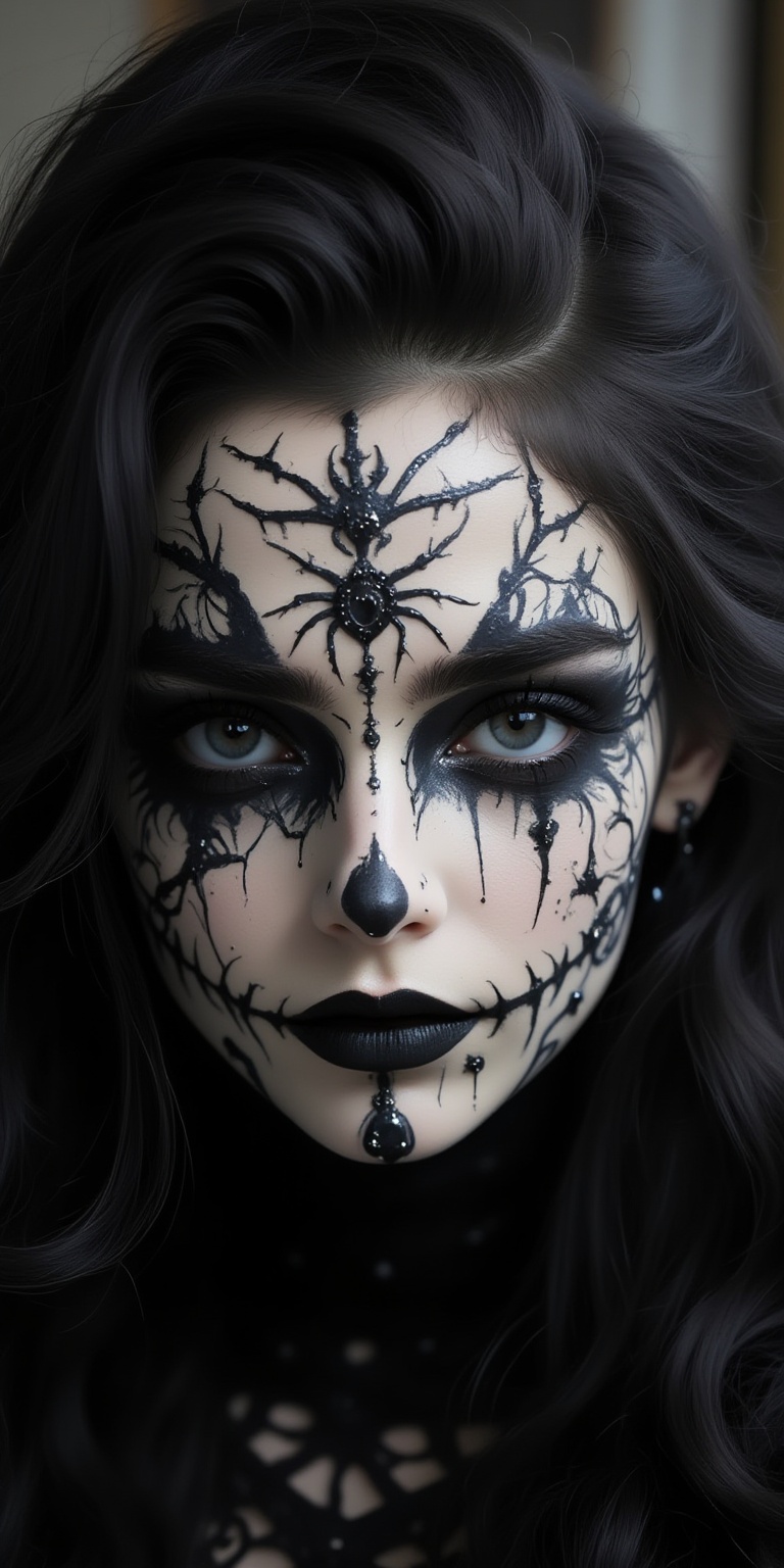 masterpiece, best quality, Halloween Face Makeup, Stylized makeup and hair design with a dramatic, Striking Gothic Makeup with Black and White Face Art, Stylized makeup with dramatic spider web and eye designs