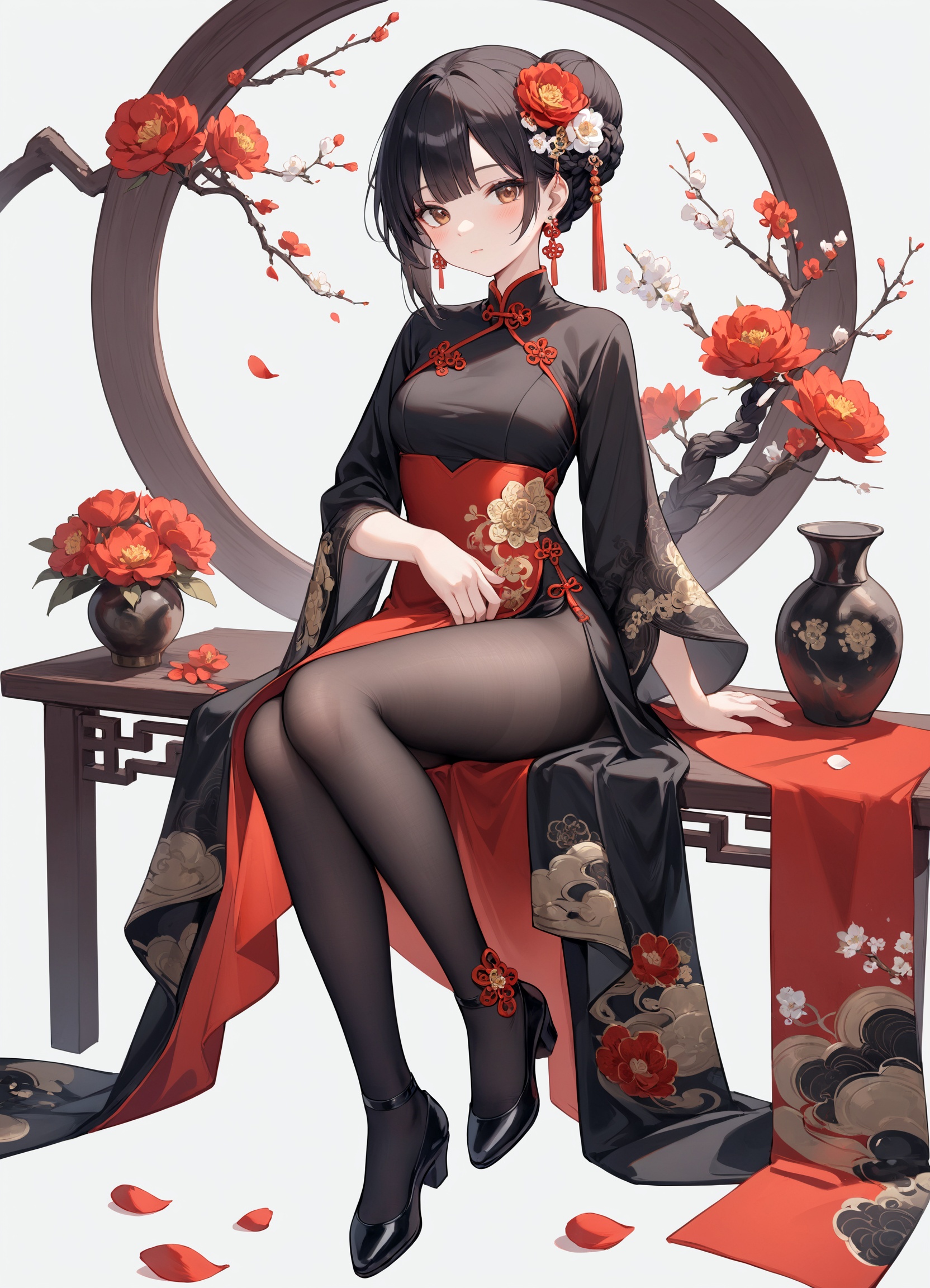 1girl, bangs, black dress, black footwear, black hair, black pantyhose, blush, braid, brown eyes, chinese clothes, closed mouth, dress, earrings, flower, full body, hair bun, hair flower, hair ornament, jewelry, looking at viewer, pantyhose, petals, red flower, shoes, sitting, solo, white flower