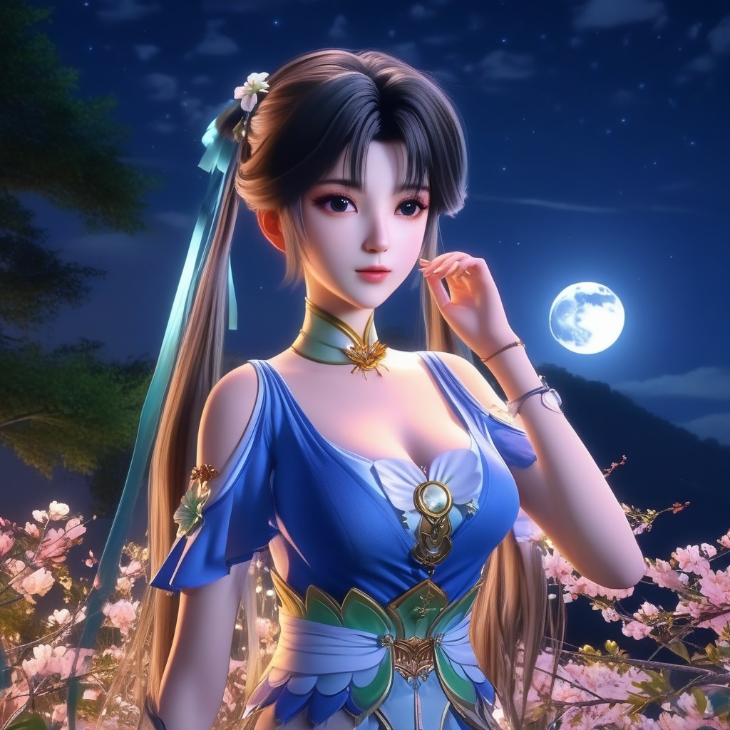 <lora:834-DA-XL-诛仙-碧瑶:0.8>, (,1girl, ,best quality, ),,  ,ultra realistic 8k cg,, ,masterpiece, (( , )),, ,   ,   cure blossom, full moon,night,night sky,  (cleavage),,  (), ,,