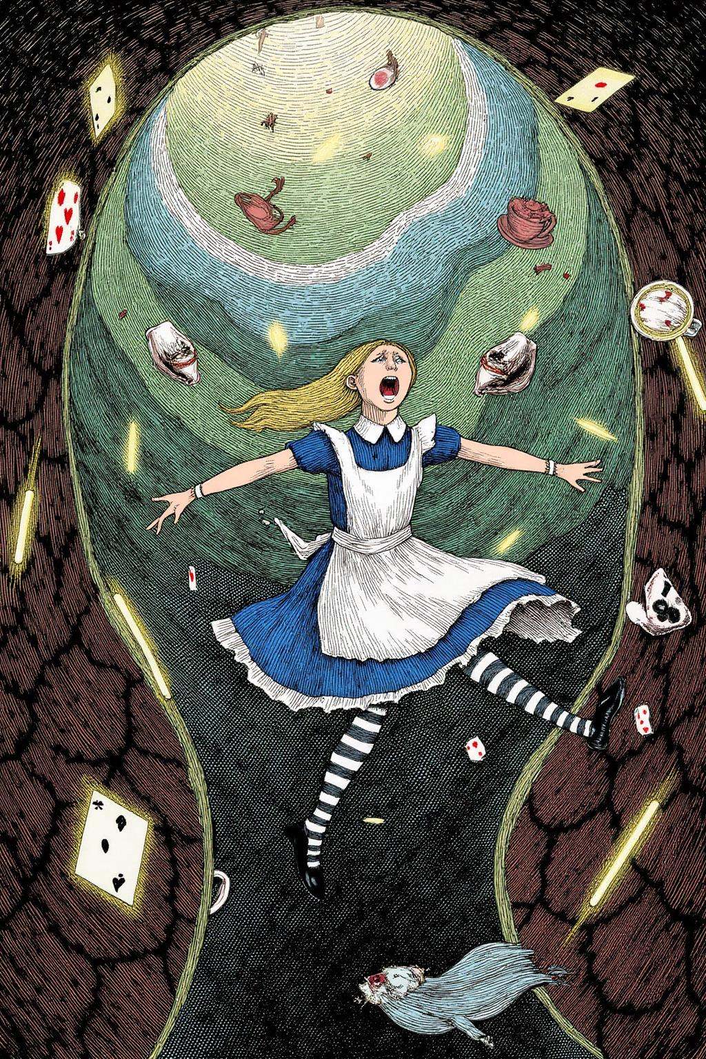 edwardgorey1 illustration.Overhead view of Alice in Wonderland falling into the rabbit hole,  with her legs dangling benea...
