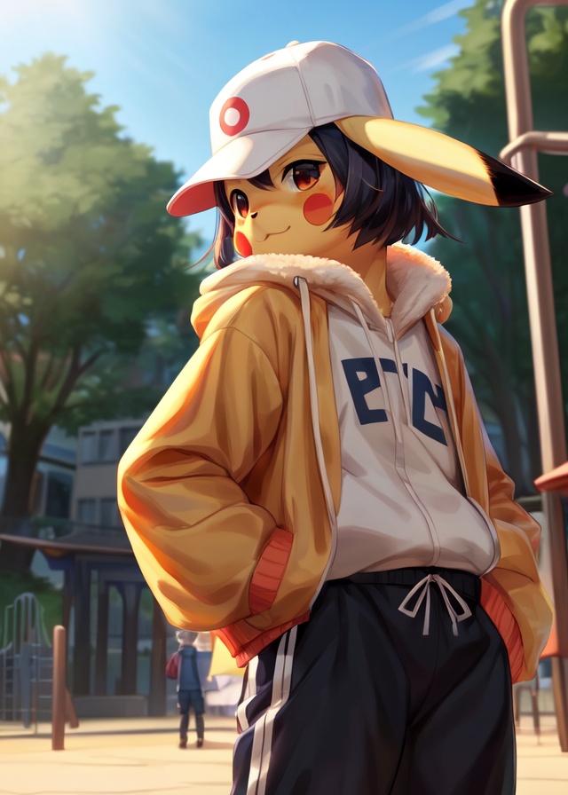 solo ((pikachu)) cap,  pokemon jacket,  sport pants on Tensor.Art