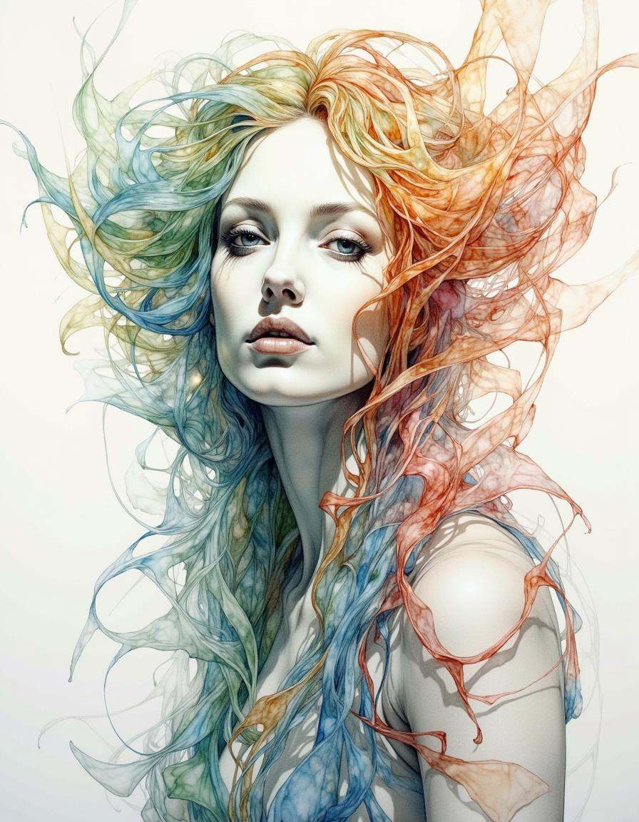Portrait by Dorota Pietrowiak. This is a highly detailed,  surrealistic watercolor painting of a stunningly beautiful andr...