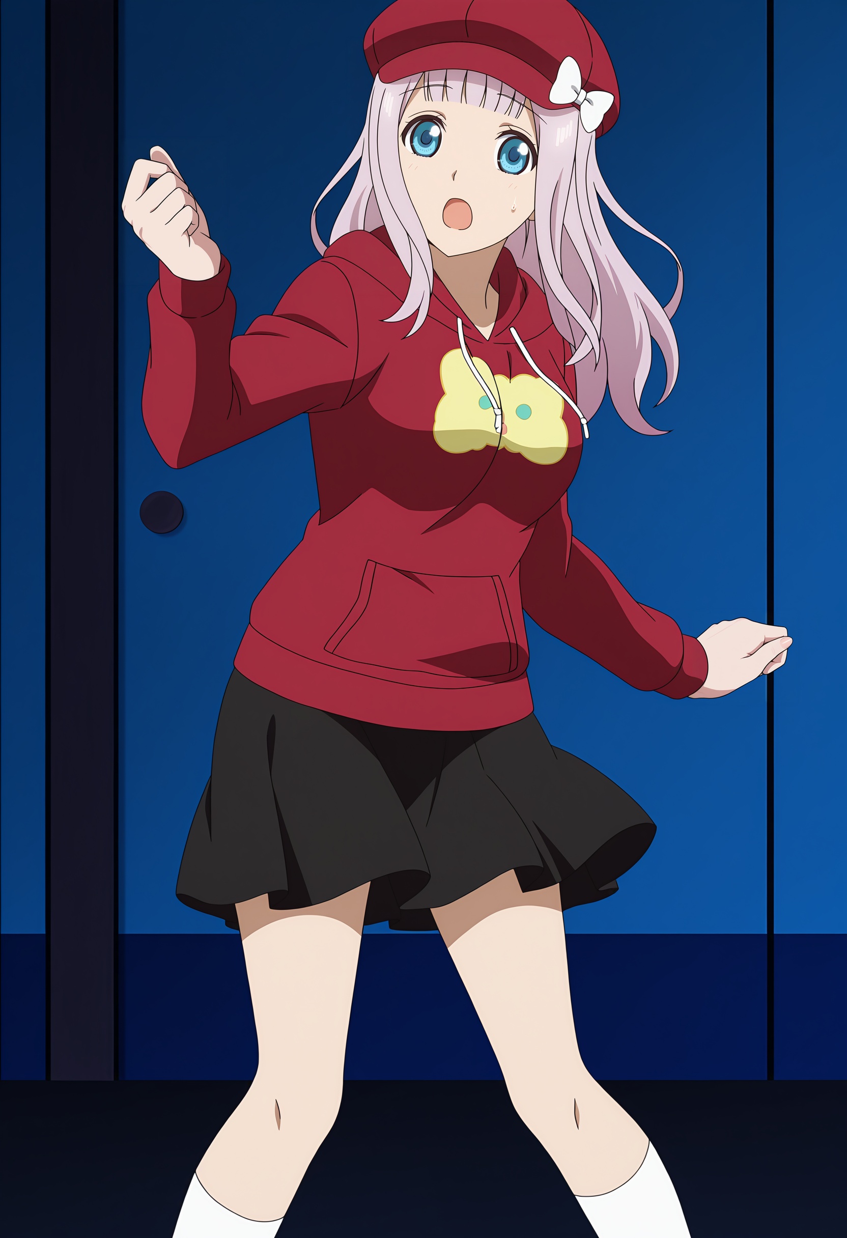<lora:Chika FUJIWARA_illustrious-000012:1>,Chika FUJIWARA, solo, skirt, hat, hoodie, hood, red headwear, open mouth, black skirt, bow, socks, anime coloring, anime screencap