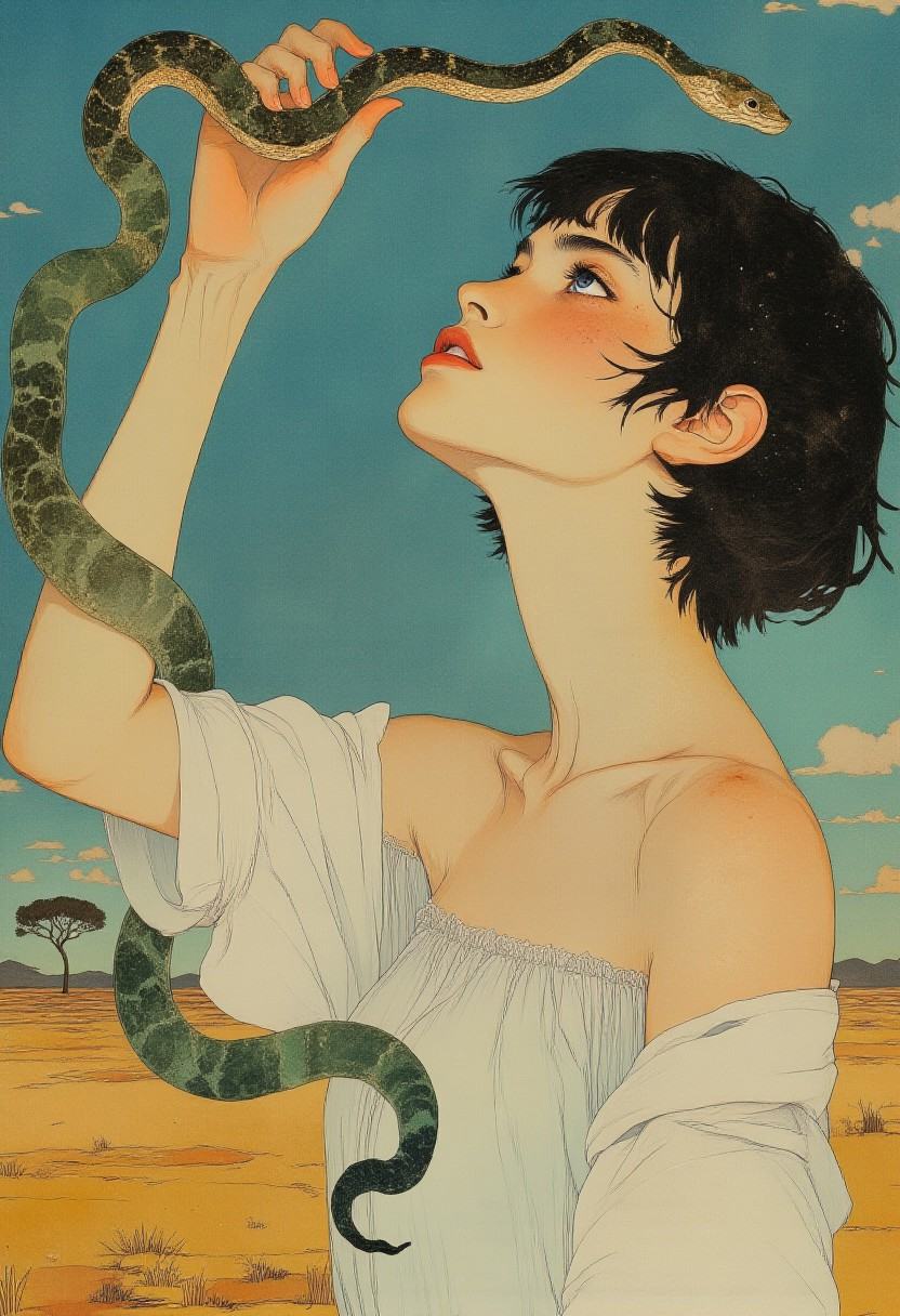Illustration by Akiya Kageichi. It shows a woman with a modern short haircut with a fringe. The woman stretches a magnific...