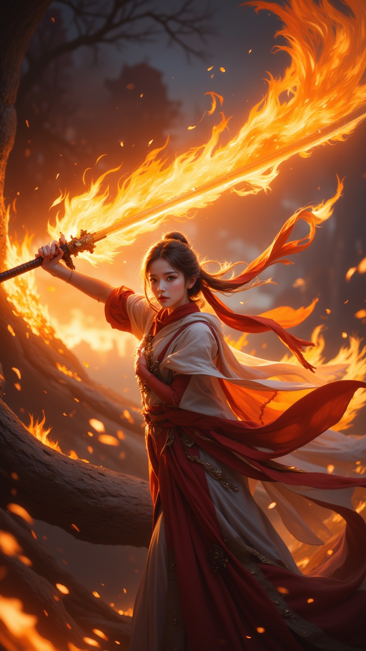 (masterpiece, best quality:1.2),1girl,breathing fire,brown eyes,burning,embers,fire,flame,flaming sword,flaming weapon,holding sword,Unsheathed sword,solo,Grasp the hilt with your hand,Hanfu,Brave and spirited,sword-dance,leaf,looking at viewer,magic,molten rock,orange sky,pyrokinesis,scarf,solo,sparks,tree,twilight