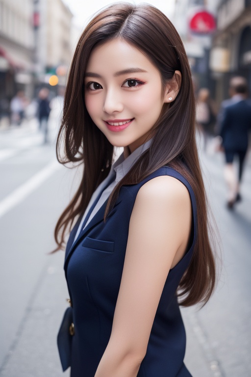 masterpiece,best quality,realistic,business_suit,cute and girly \(idolmaster\),upper body,realistic,masterpiece,best quality,beautiful detailed eyes,makeup,looking at viewer,seductive smile,closed mouth,in the city street,RAW photo,subject,(high detailed skin:1.2),8k uhd,dslr,soft lighting,high quality,film grain,