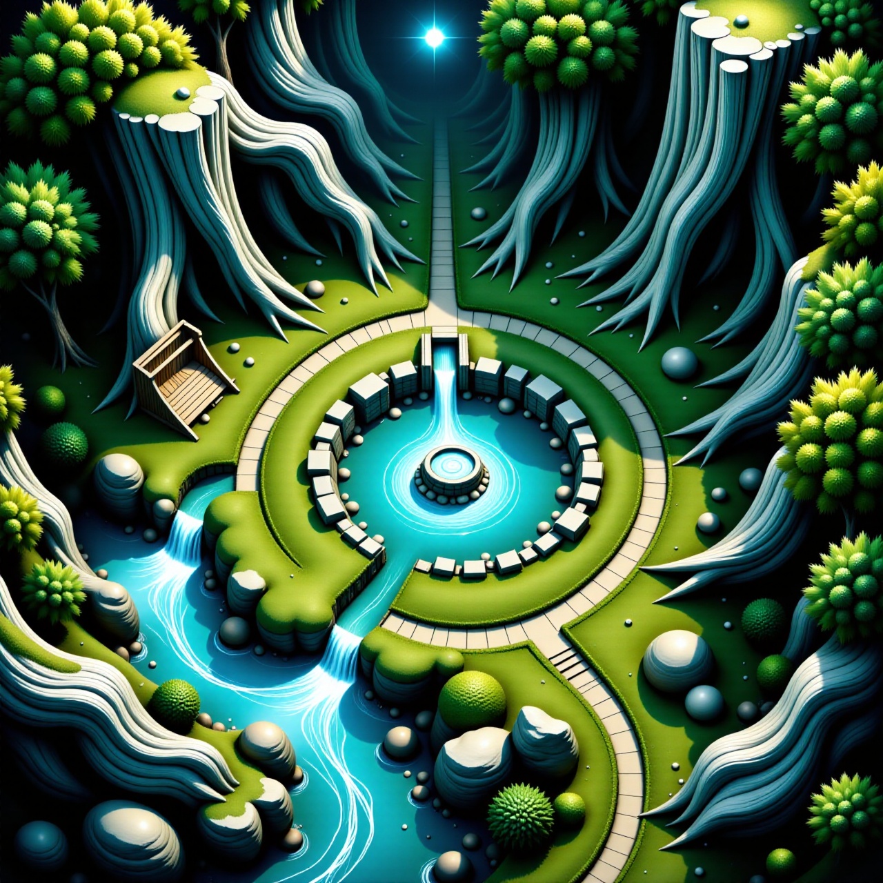 mapcraft. A mystical clearing surrounded by towering trees with bioluminescent foliage. Crystal-clear streams flow through...