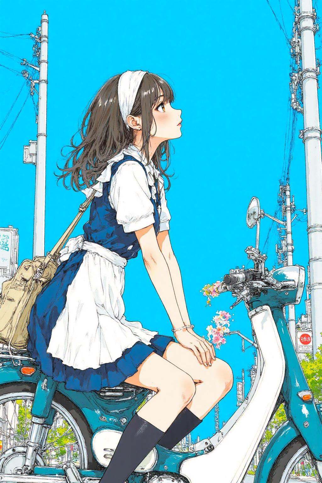 nijiwatercolor1q anime illustration.A young woman,  shown in side profile,  is riding a blue moped on a bright on Tensor.Art