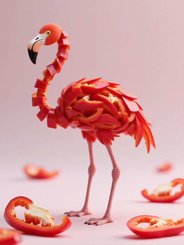 wgsc,  a creative and artistic representation of a flamingo made entirely out of sliced red peppersThe flamingo's body,  n...