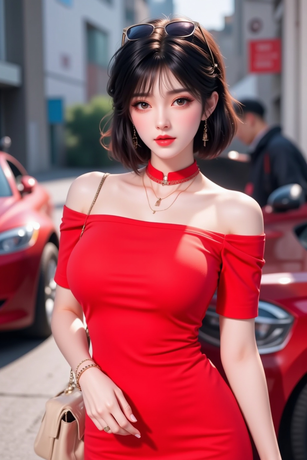jewelry,1girl,earrings,dress,necklace,black hair,bag,red dress,red lips,sunglasses,short hair,ground vehicle,motor vehicle,choker,bracelet,makeup,looking at viewer,parted lips,english text,bare shoulders,ring,lipstick,off shoulder,handbag,eyewear on head,car,short sleeves,shoulder bag,collarbone,off-shoulder dress,solo,black eyes,wristwatch,lips,