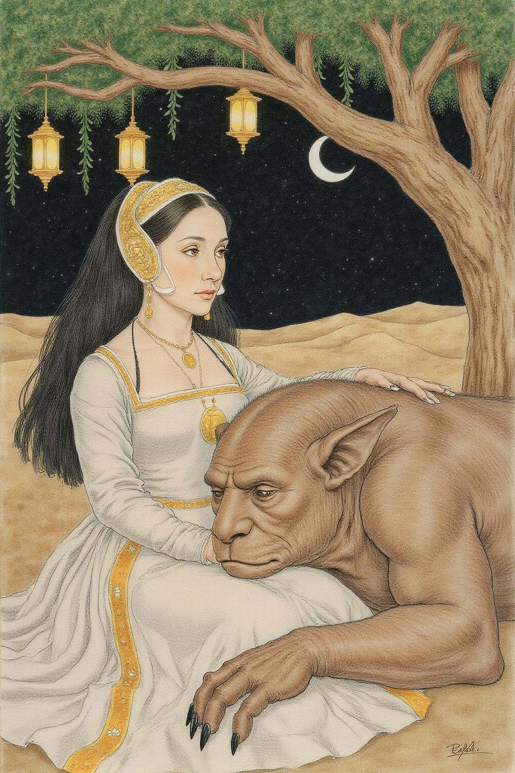 hansho1 monochromatic pencil drawing,  a scene from Arabian Nights,  rendered in intricate on Tensor.Art