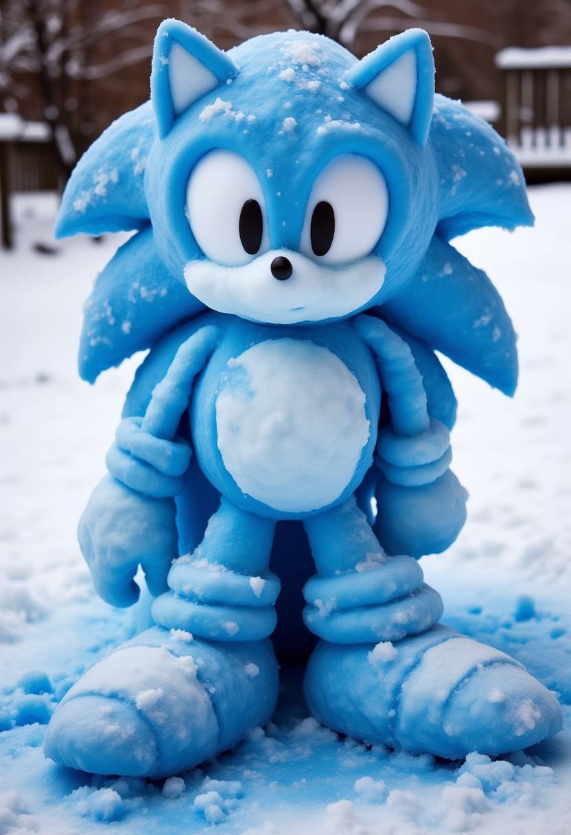 Realistic photograph of a Sonic the Hedgehog snow sculpture,  crafted entirely from snow. The snow sculpture's texture is...