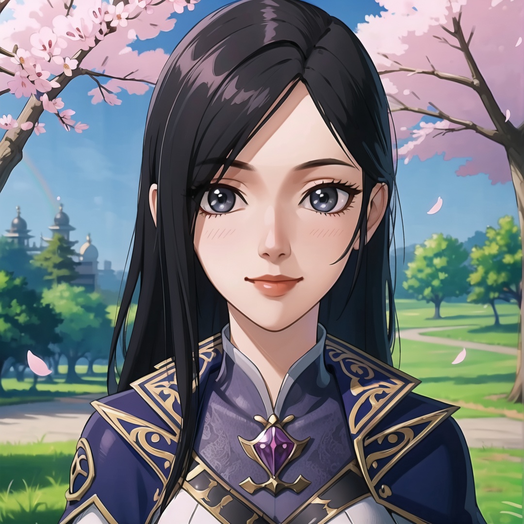 1girl,solo,long hair,black hair,grey eyes,happy,light_blush,chinese clothes,cape,kawaii,(looking at viewer),portrait,outdoors,day,sky,rainbow,cherry blossoms,romance,pink theme,fantasy,scenery,((glowing)),blurry,toon \(style\),((cartoon)),cowboy shot,Highly detailed,(ultra-detailed),(best quality,masterpiece:1.5),<lora:20240930-1727706729434:0.6>,
