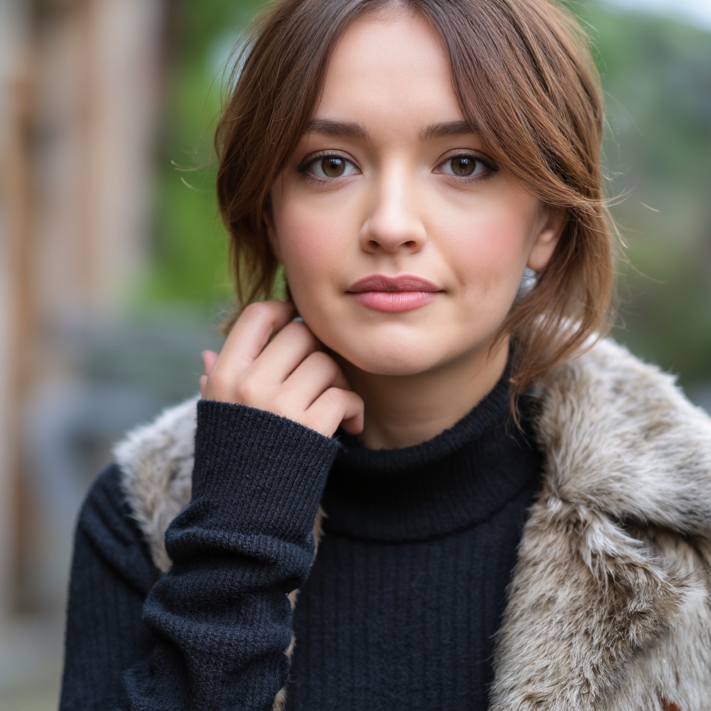A portrait of olivia_cooke,  captured in a close-up shot. She has shoulder-length,  light brown hair and a neutral express...