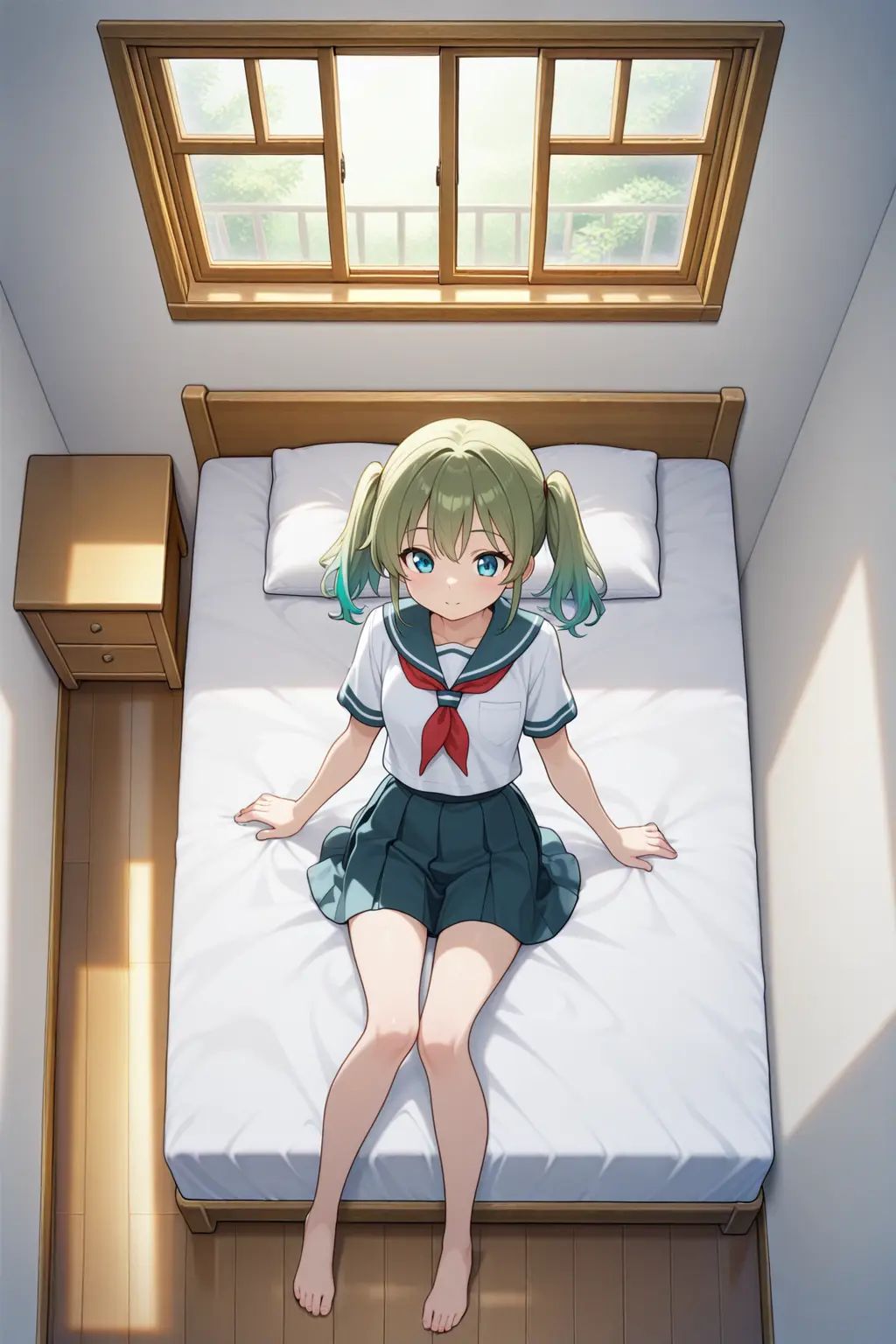 on the bed,  school uniform,  sera-fuku on Tensor.Art