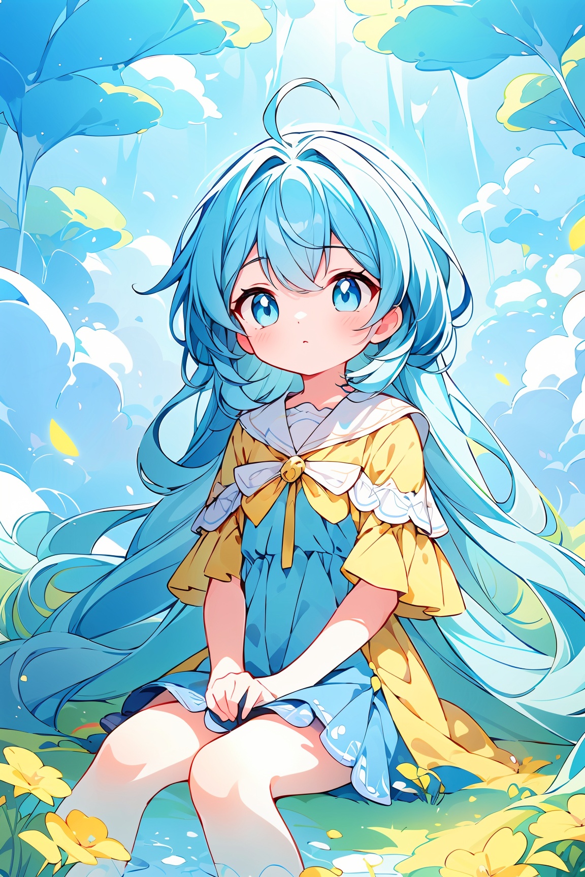 A captivating,  dreamlike anime girl standing in a fantastical landscape filled with swirling shades of yellow and blue to...