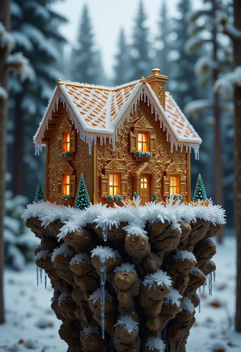 This is a high-resolution photograph capturing a whimsical,  intricately detailed,  miniature snow-covered gingerbread hou...
