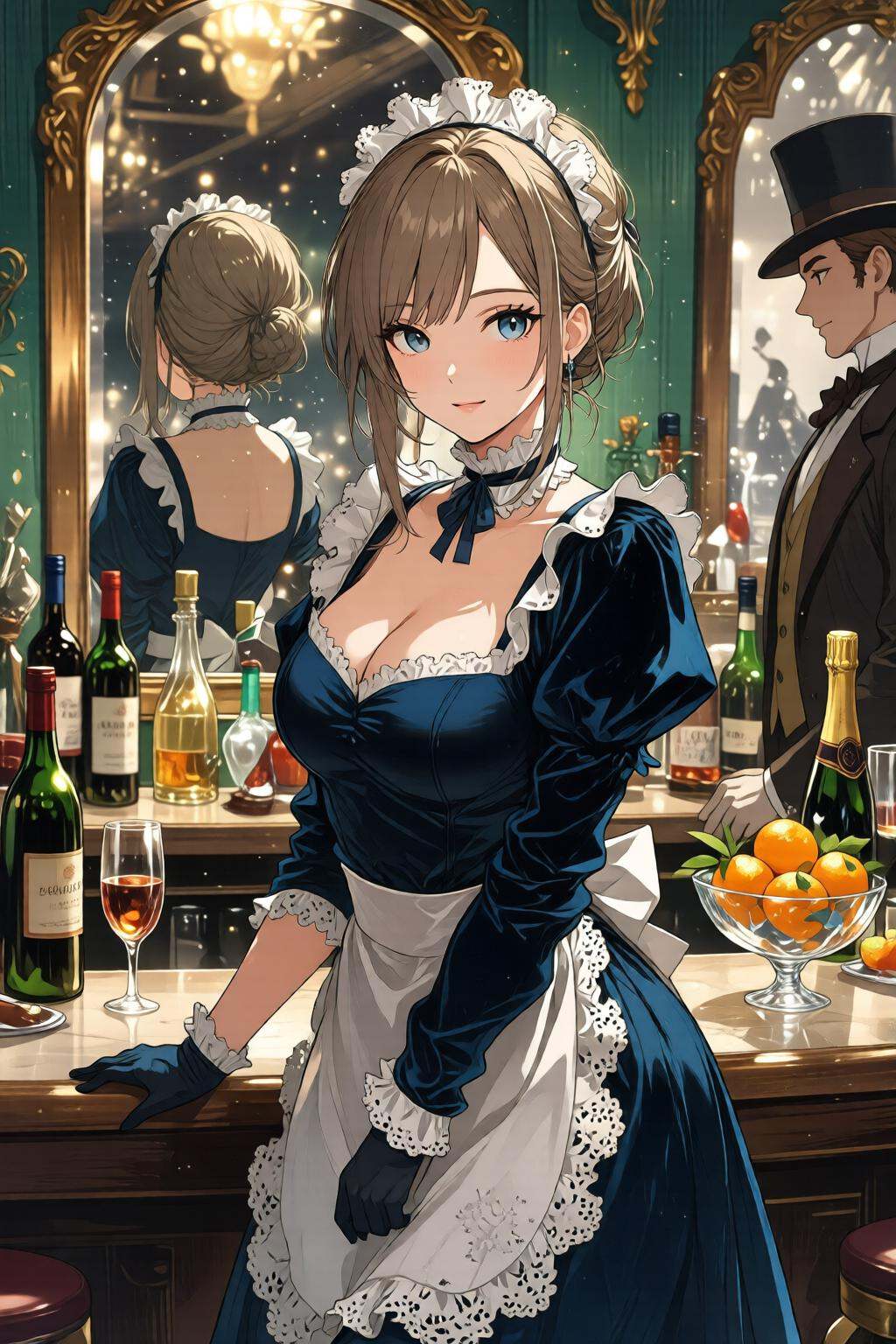 nijidigital3q anime illustration.A 19th-century bar with a young barmaid standing behind a lavish marble counter. She has...