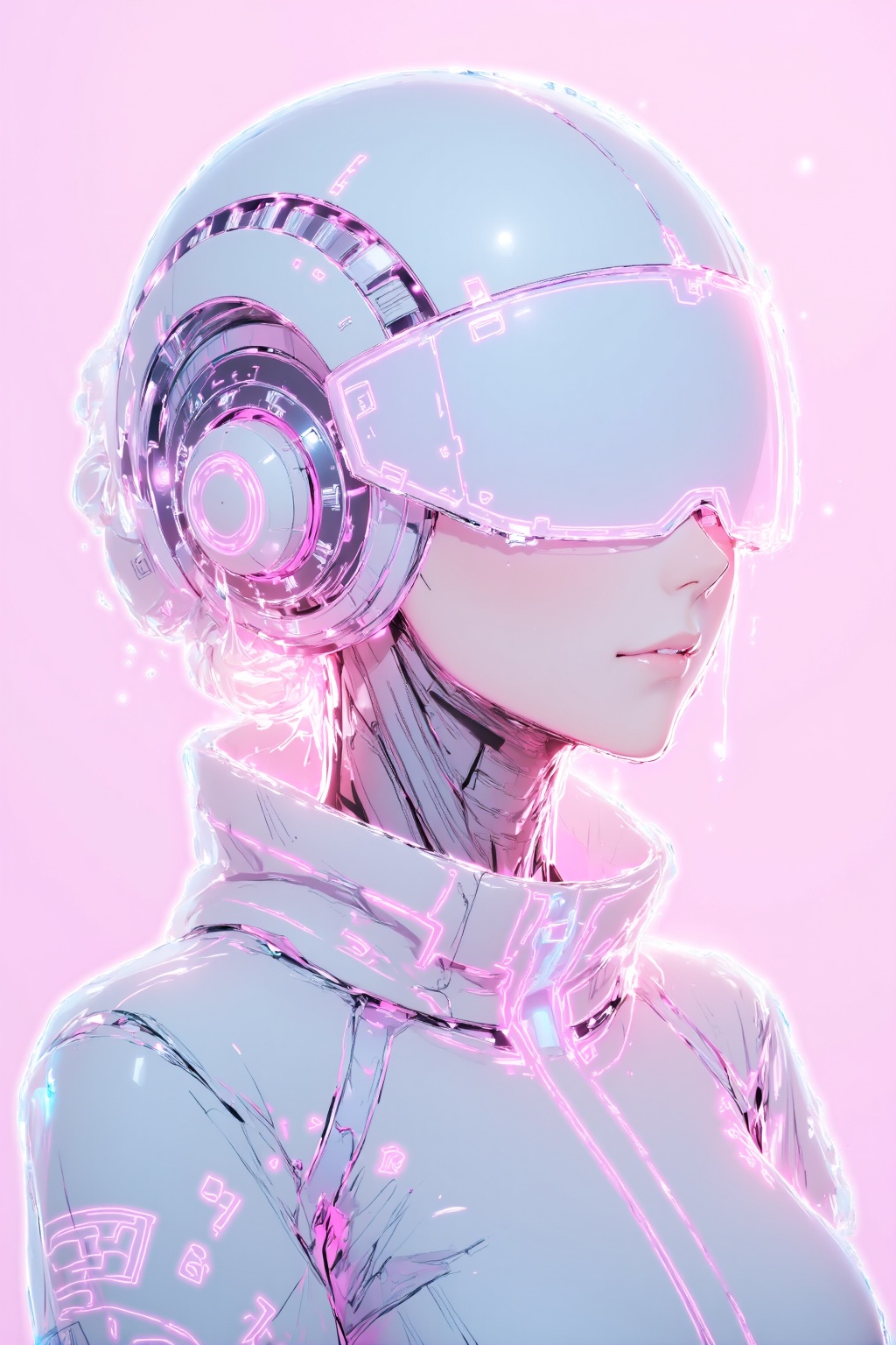 a humanoid figure against a solid pink background. The head is primarily white with a sleek, angular design, featuring a rectangular, opaque faceplate with a small, circular window. The faceplate has a glossy, reflective quality, suggesting a high-tech, possibly holographic display. The head is adorned with intricate mechanical components, including a series of cylindrical tubes and metallic rivets, giving it a highly advanced, industrial appearance. The robotic figure's neck and shoulders are encased in a white, high-collared jacket with a glossy texture, suggesting a synthetic fabric. The jacket has a few visible buttons and a subtle pattern of darker, almost black lines that add texture and depth to the design. There are also small, red symbols or markings on the jacket, possibly indicating branding or identification.