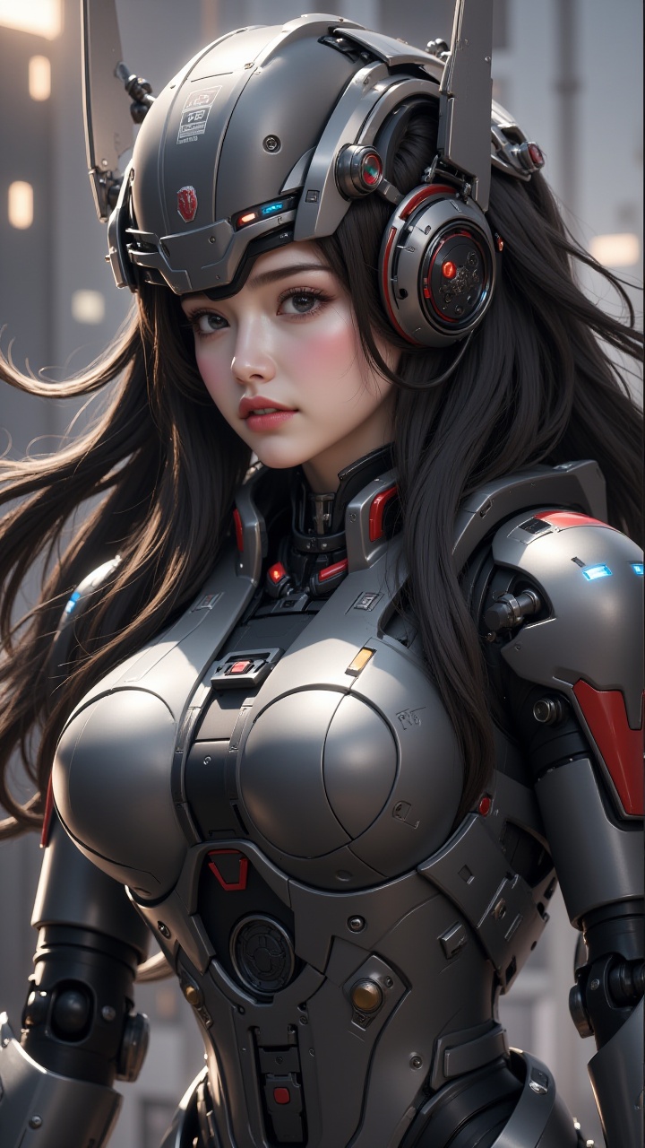 (masterpiece, best quality:1.2),1girl, armor, headwear removed, helmet, lips,Smooth metal surface,Close fitting mecha,Complex helmet,Aircraft headgear,Streamlined mecha, long hair, looking at viewer, power armor, realistic, science fiction, solo