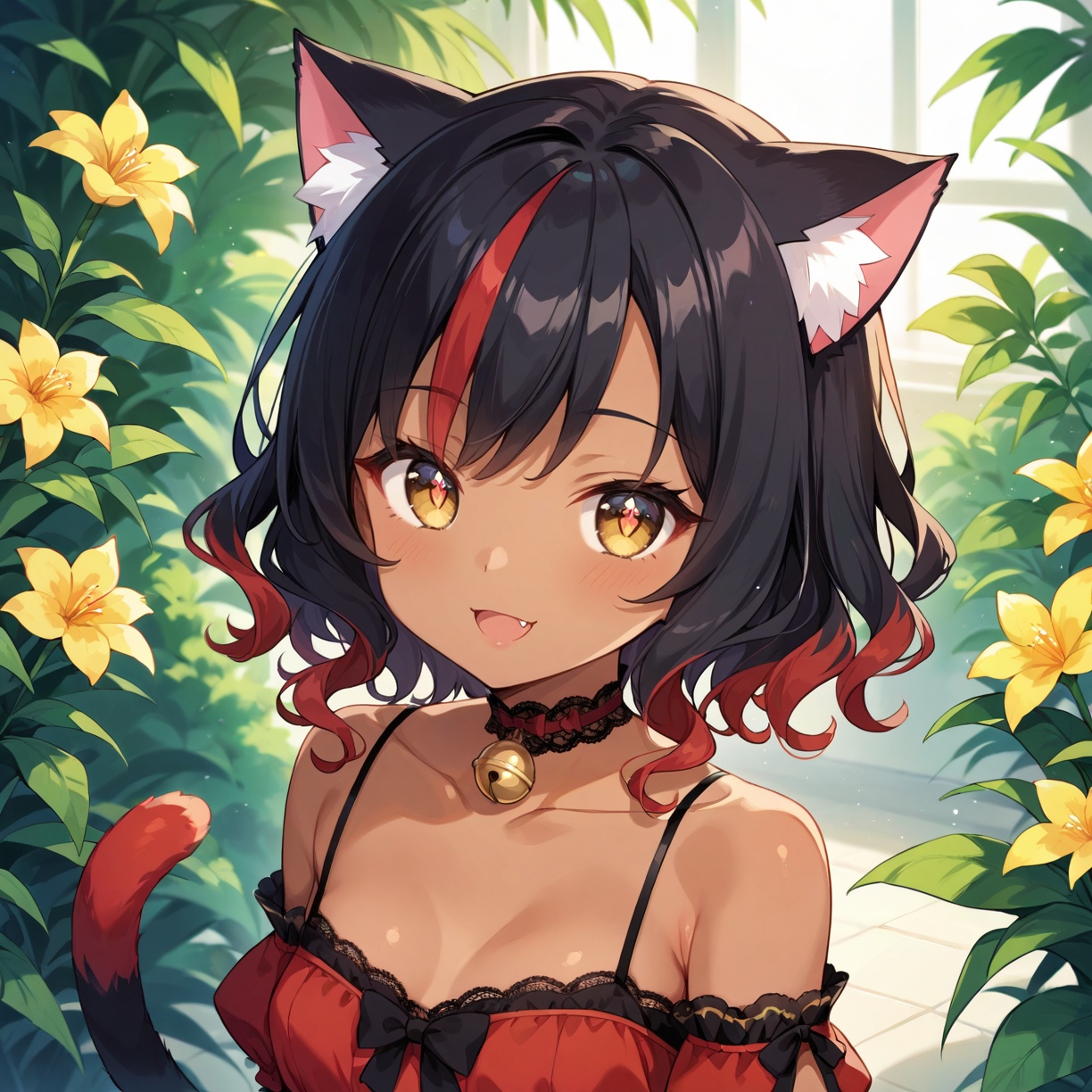score_9,score_8_up,score_7_up,source_anime,highres,32K,CG,ultra-detailed,shiny hair,cute,kawaii,(petite,short body:1.2),small breasts,cat girl,cat ears,tsurime,no human ears,white fluffy hair in cat ears,((brown-skinned female)),medium hair,black hair,wavy hair,long sidelocks,black cat tail with red colored tail tips,(red hair tips),(one red streaked bang:1.2),flower-shaped pupils,golden eyes,eyelashes,bell choker,(lace choker),fang,