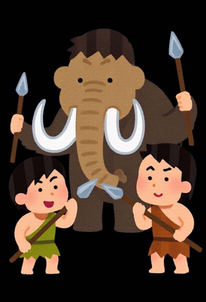 irasutoya3q illustration. Three cavemen confronting a large mammoth. Each man is armed with a spear. The mammoth has large...