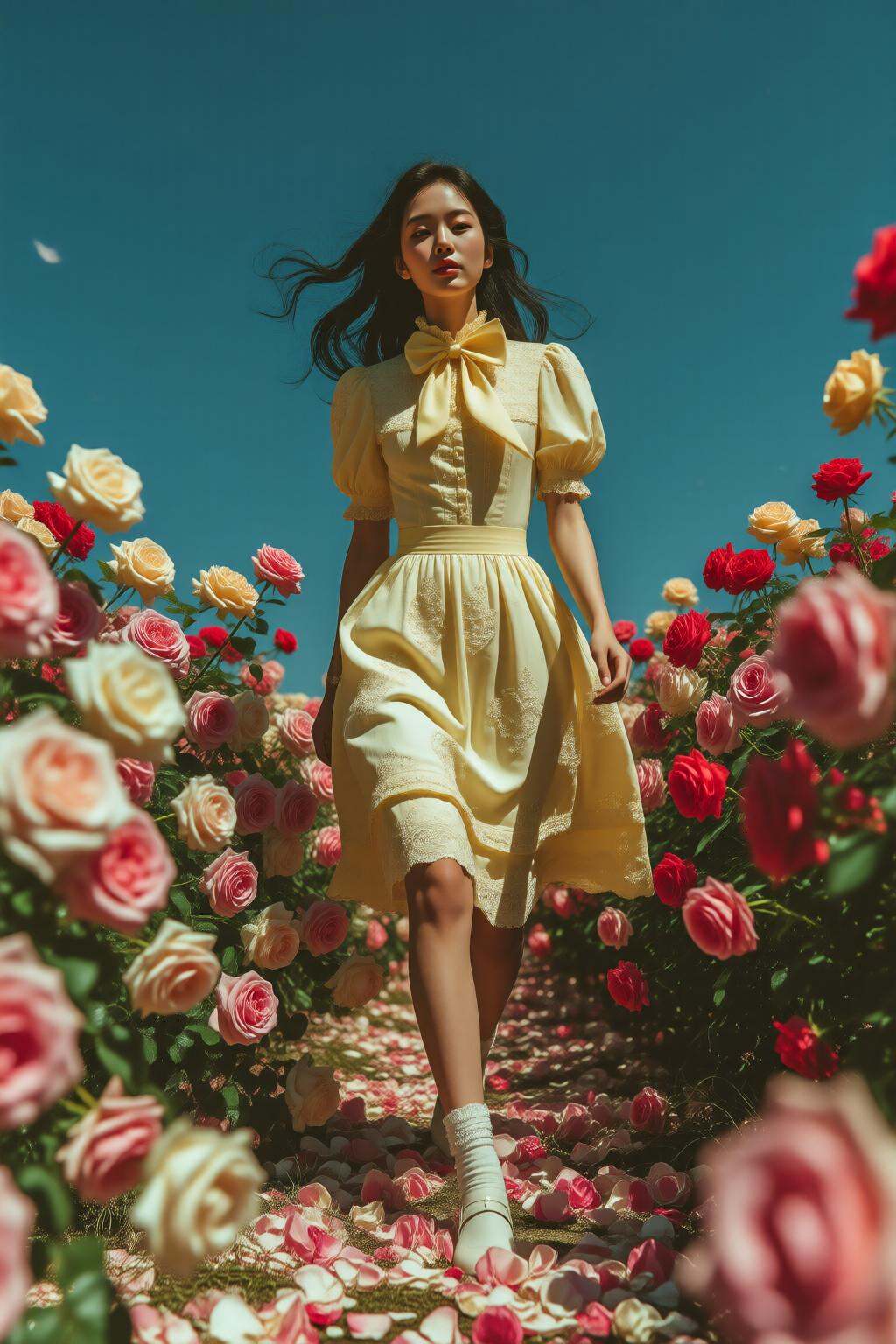 midjourneymix10q photograph.Full body shot of a young Korean woman with long,  dark,  wind-blown hair is walking through a...