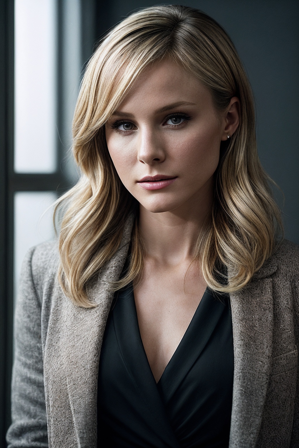 KristenB_SoloTI_v1,  (In a dark,  fitted jacket over a simple blouse on Tensor.Art