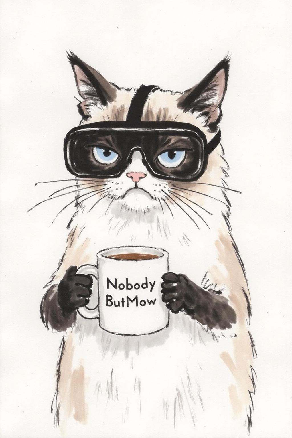 xbh1 minimalist ink painting. Grumpy Cat holding a coffee mug,  wearing a VR Headset. The mug has the phrase "NobodyButMeo...