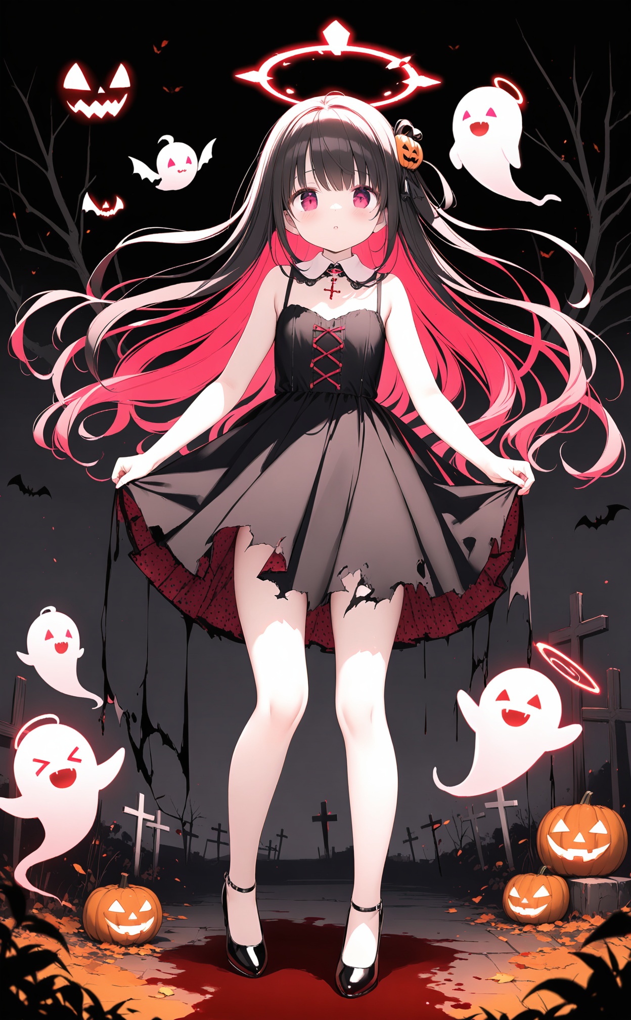 masterpiece,best quality,high quality,(colorful),loli,1girl,long hair,dress,halo,ghost,black dress,jack-o'-lantern,black hair,torn clothes,solo,pumpkin,pink eyes,halloween,spot color,blood,looking at viewer,red halo,torn dress,floating hair,cross,very long hair,full body,sleeveless dress,sleeveless,red eyes,detached collar,glowing,bare shoulders,glowing eyes,standing,