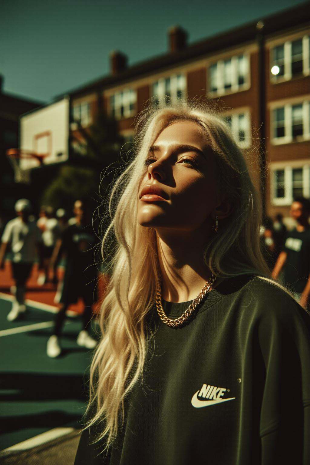 midjourneymix10q photographOn the right stands a woman with long,  wavy blonde hair who wears a dark Nike sweatshirt with...