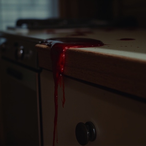 A close-up cinematic still frame of deep red blood dripping off the corner of a kitchen counter,  low key lighting,  visce...